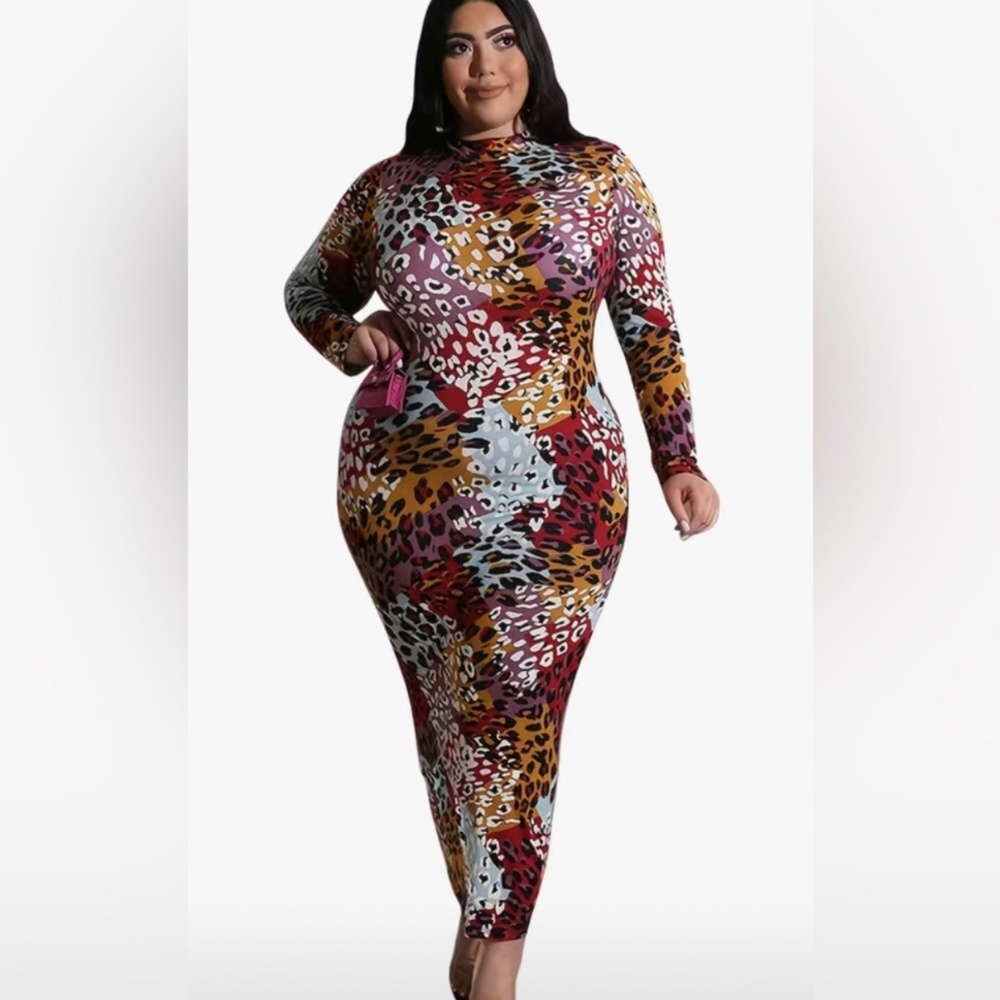 Plus Size All Over Print High Neck Long Sleeve Bodycon Dress, Women's Plus
